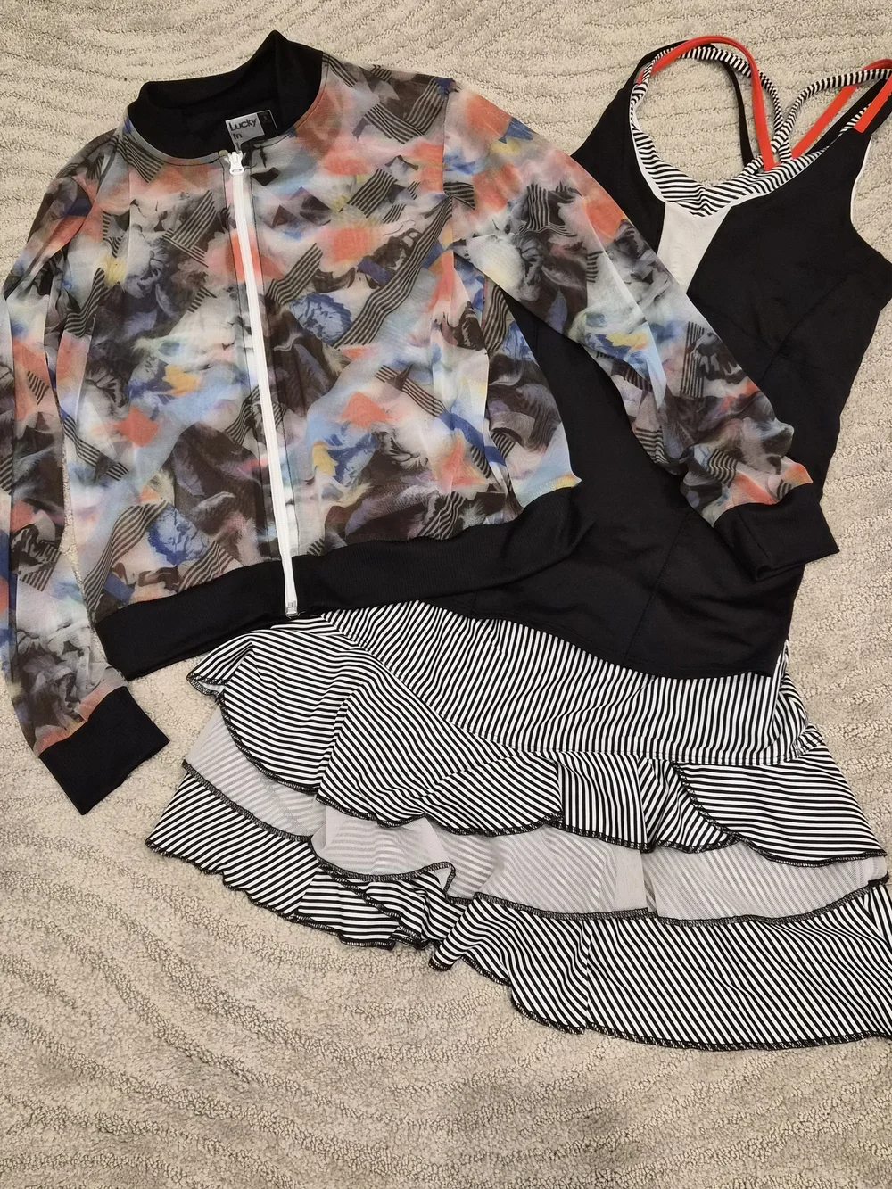 3 Piece Black -Lucky In Love Tennis Tank. Black/White Tiered Skirt w/ Jacket - S - Picture 1 of 9